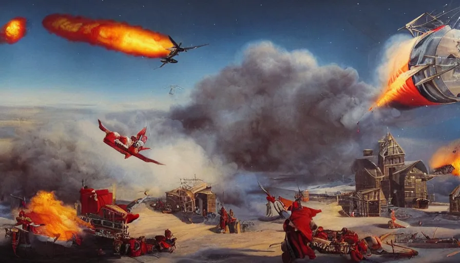 Image similar to santa claus sleigh being shot down by a surface to air missile, fiery explosion, matte painting, hard edges, masterpiece, impressive detail