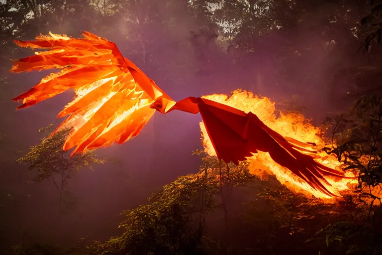 Image similar to photo of a burning phoenix origami fying over the rainforest, award-winning photograph, national geographic, wildlife, 8k UHD, lens flare