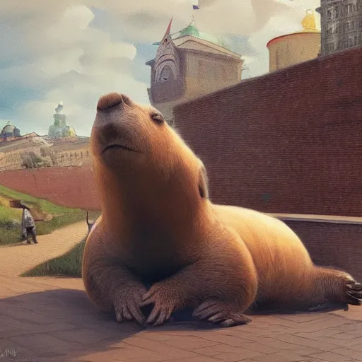 Image similar to an epic painting of lenin petting capybara, oil on canvas, social realism, perfect composition, golden ratio, beautiful detailed, photorealistic, digital painting, concept art, smooth, sharp focus, illustration, artstation trending, octane render, unreal engine