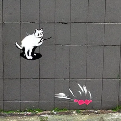 Image similar to a cat trying to catch a balloon on concrete, by banksy