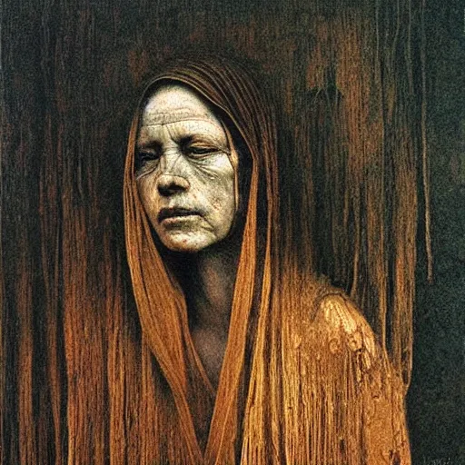 Prompt: portrait of 900 years old girl, painting by Beksinski