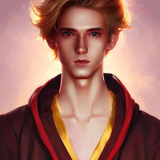 Image similar to colorful Captivating teenage boy with brown blond hair and thin facial structure, brown eyes with red eye markers, slim body, wearing a detailed Japanese kimono with golden details, atmospheric lighting, painted, intricate, 4k, highly detailed by Charlie Bowater