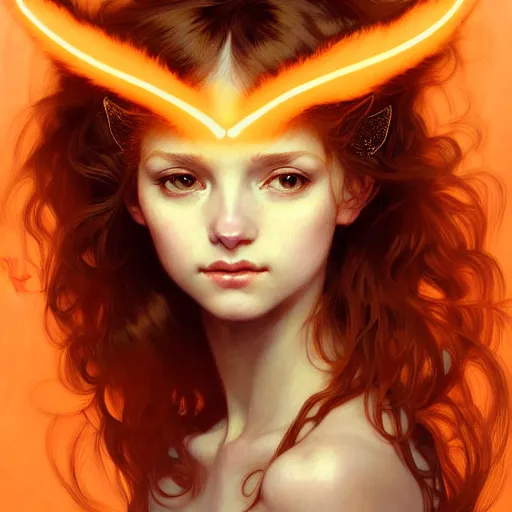 Image similar to Portrait of a girl angel with light orange fuzzy frizzy hair, cat ears, glowing halo, wings, fantasy, intricate, elegant, highly detailed, digital painting, artstation, concept art, smooth, sharp focus, illustration, art by Krenz Cushart and Artem Demura and alphonse mucha