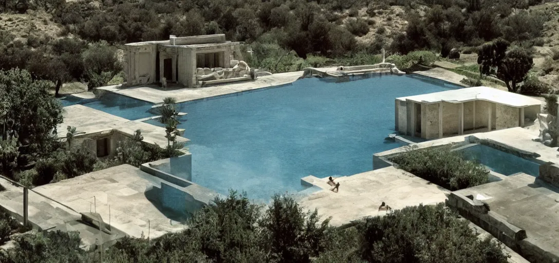 Image similar to greek - inspired marble house designed by ictinus and callicrates in california. photographed in 1 9 7 2. man swimming in pool.