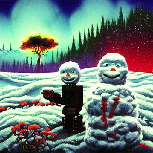 Image similar to Bob Ross Scenery with Robot Alien Snowmen Shooting Laser Beams at Things in the sky. Epic Amazing Insanity. Salvia Droid Joker .