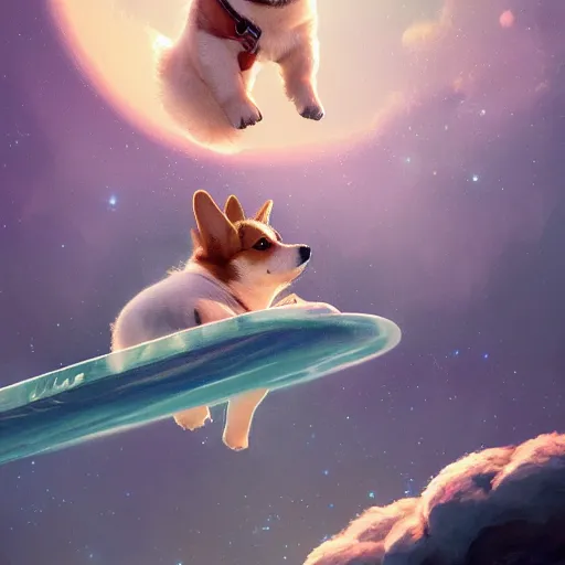 Prompt: extremely detailed digital painting of a sweet corgi puppy floating in outer space, very lifelike, highly detailed, cinematic, exquisite, beautiful, greg rutkowski, artgerm, moebius, ruan jia, makoto shinkai, simon stalenhag, trending on artstation, masterpiece, award - winning, 8 k