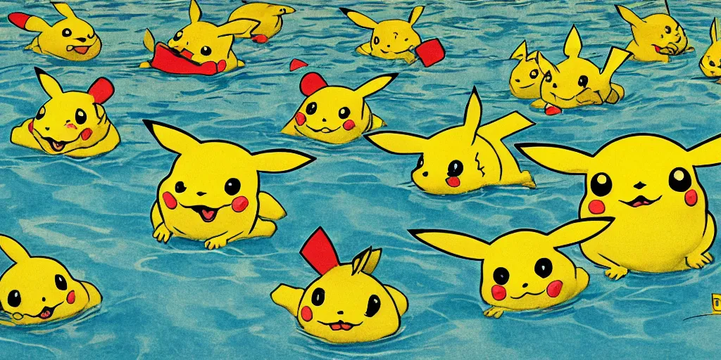 Image similar to a flat illustration of several pikachus swimming in a wide pool together, vaudevillian, from 1890, nostalgic, detailed, vignette, high quality scan, yellow and green