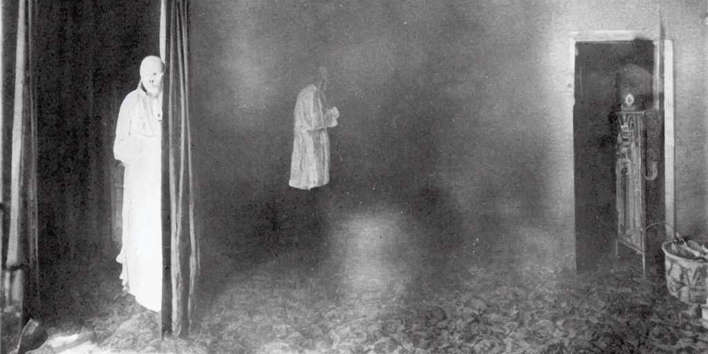 Image similar to scary unproportionable tall ghost creature inside a house, 1900s picture