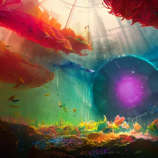 Image similar to a beautiful and vivid and colorful Grzegorz greg rutkowski watercolor and matte painting of an underwater discotheque with a disco ball and mermaids and fish and a colorful rainbow seaweed forest. trending on ArtStation