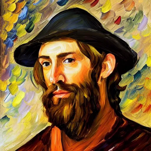 Prompt: portrait of a middle aged medieval nobleman with a long face, long brown hair and a closely - trimmed beard which is beginning to go grey. by leonid afremov