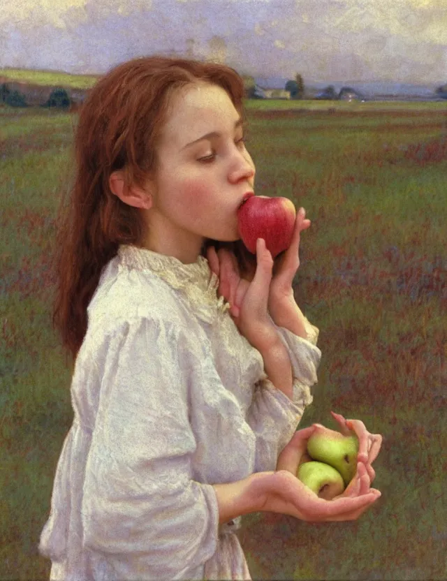 Image similar to peasant girl eating apple, portrait, cottage core, cinematic focus, polaroid photo bleached vintage pastel colors high - key lighting, soft lights, foggy, by steve hanks, by lisa yuskavage, by serov valentin, by tarkovsky, 8 k render, detailed, oil on canvas