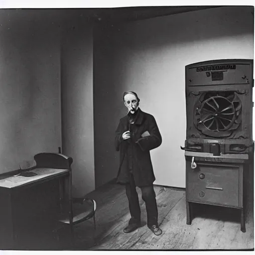 Image similar to underexposed photo of Marcel Duchamp in a room with an ancient machine, Kodachrome, Edward Weston and Gustave Doré, archival pigment print, contemporary art