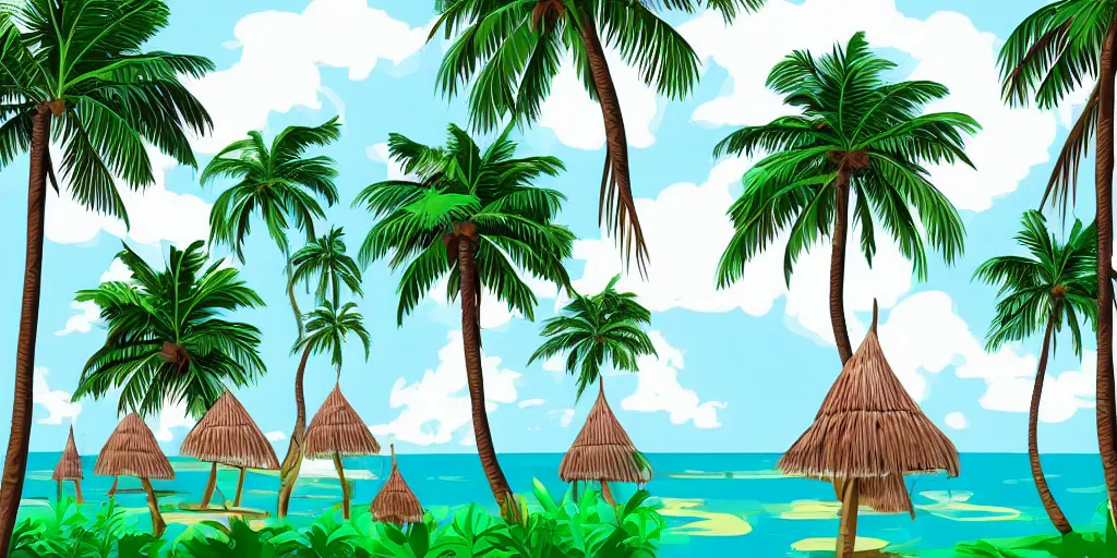 Prompt: there are so many uses of the coconut tree,, silly, cartoon, vector graphics, global lighting, digital art, artstation