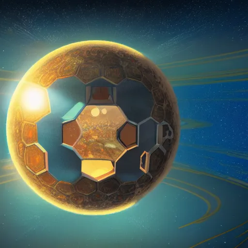 Image similar to hexagon between the sun and planet earth, trending on art station, art deco, retro futurism, realistic, perspective