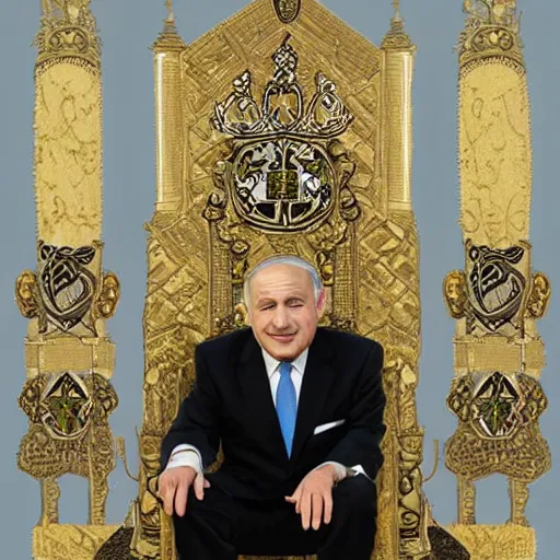 Image similar to king Bibi sitting on a throne