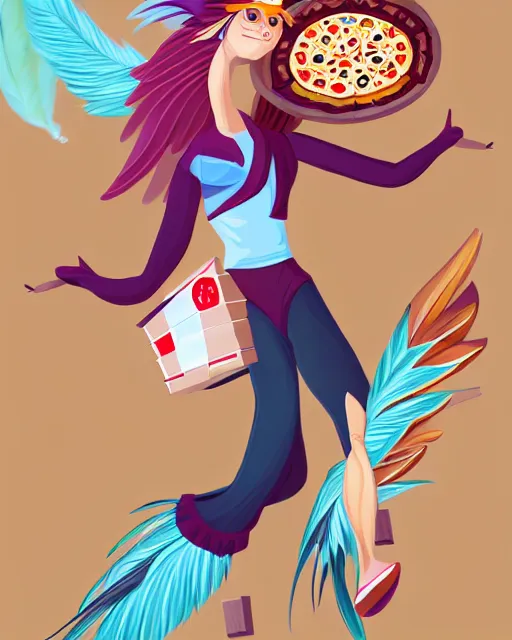 Prompt: female harpy as a pizz box delivery woman, bird human hybrid with feathery bird arms and talon bird feet, flying through the air holding a cardboard pizza box, wearing a pizza delivery uniform. feathers for hair, cute, dynamic character design, stunning, highly detailed digital illustration, crisp linework, top rated on artstation, stylized urban fantasy artwork