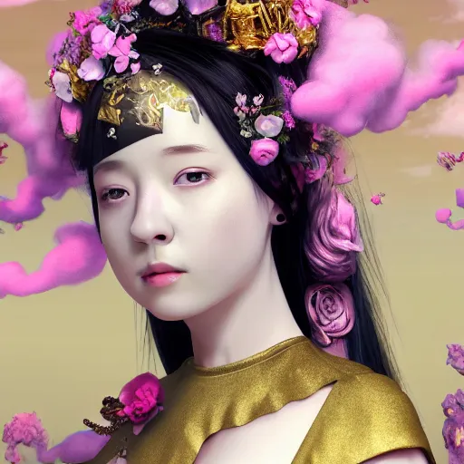 Image similar to 8 k, octane render, realism, tonalism, renaissance, rococo, baroque, portrait asian of a young lady wearing long harajuku manga dress with flowers and skulls, cotton candy!! ( background chaotic gold leaf flowers ) bikini