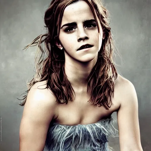 Prompt: Emma Watson in a nymph costume striking a pose, naturist, portrait photography oil on canvas, intricate, portrait, 8k highly professionally detailed, HDR, CGsociety