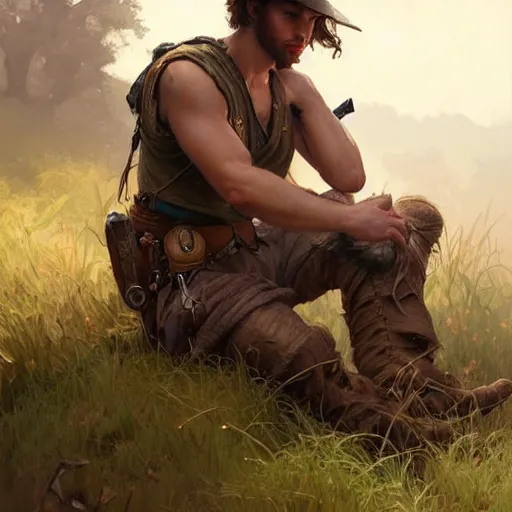 Image similar to young rugged ranger sitting by a stream, muscular thighs, soft smile, D&D, fantasy, intricate, cinematic lighting, highly detailed, digital painting, artstation, concept art, smooth, sharp focus, illustration, art by Artgerm and Greg Rutkowski and Alphonse Mucha