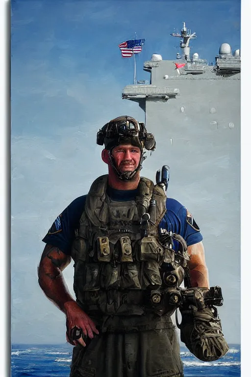 Prompt: portrait of a us navy seal, majestic, on aircraft carrier, fine art portrait painting, strong light, clair obscur, by peter paul rubbens