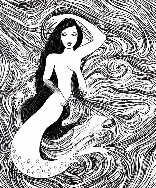 Prompt: black and white illustration, creative design, beautiful mermaid in swirling water