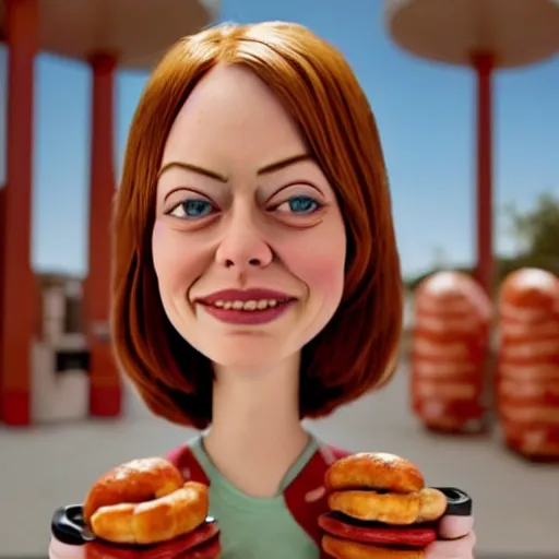 Prompt: hyperrealistic emma stone caricature surrounded by big fat frankfurter sausages by bob byerley and aardman animation, mascot, target reticles