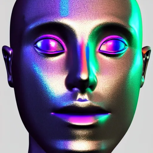 Image similar to 3d render of holographic human robotic head made of glossy iridescent, surrealistic 3d illustration of a human face non-binary, non binary model, 3d model human, cryengine, made of holographic texture, holographic material, holographic rainbow, concept of cyborg and artificial intelligence