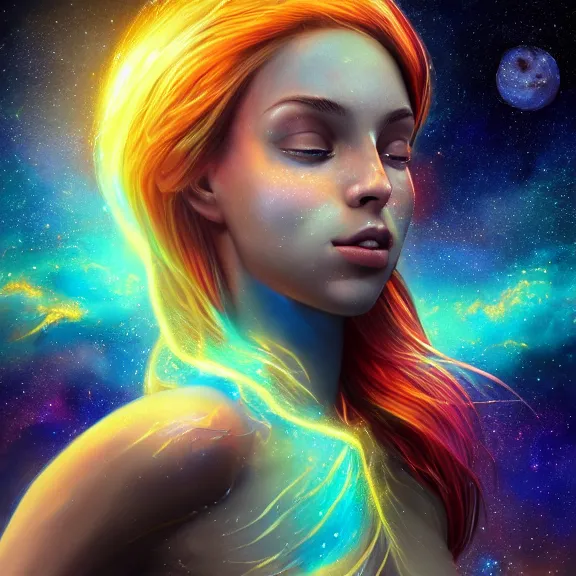 Image similar to highly detailed close up portrait of a celestial girl with a body made of cosmic energy, space background, character art, studio lightning, bright colors, intricate, masterpiece, photorealistic, hiperrealistic, sharp focus, high contrast, Artstation HQ, DeviantArt trending, 4k UHD, Unreal Engine 5