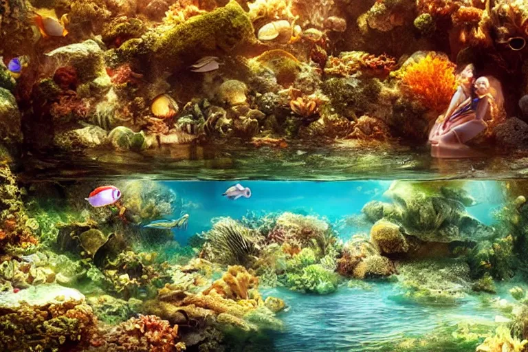 Image similar to enchanted Underwater landscape with Life and a Dream. Photo-realistic UHDR, hyperrealism, very detailed, cinematic,