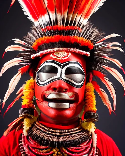 Prompt: photo of a Dramatic Theyyam male dancer with red indian headgear painted face wearing futuristic goggles and futuristic robot suit with traditional theyyam costume in the style of stefan kostic, full body, feather native american headgear, realistic, sharp focus, symmetric, 8k high definition, insanely detailed, intricate, elegant, art by stanley lau and artgerm, Hajime Sorayama, William-Adolphe Bouguereau