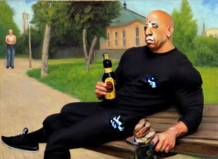 Prompt: vin diesel in black adidas sport costume, as gopnik character, sitting on a bench with a bottle of beer in the courtyard of a provincial russian town, oil on canvas, naturalism