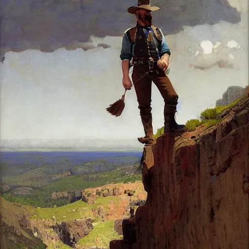 Prompt: wild west portrait of brawny burly surly sheriff man standing at the edge of a steep sharp cliff extreme drop looking out at the stream in the valley, sunny day, digital art by Nerdrum John, William Waterhouse, Winslow Homer, Alex Heywood, Jordan Grimmer, Darren Quach, Greg Rutkowski, Simon Stalenhag, trending on Artstation, CGSociety