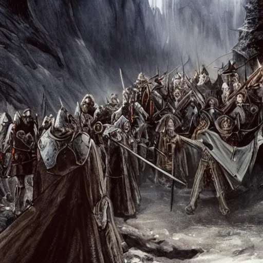 Prompt: followship of the ring entering moria