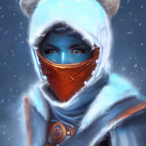 Prompt: snow bandit from ‘ icewind dale ’ with a frost blue gem mask lined with copper, ‘ icewind dale 2 ’ profile portrait by ‘ justin sweet ’, falling snow, soft focus, illustration, oil paint, artstation