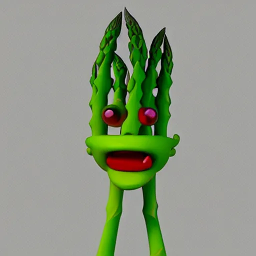 Prompt: poorly rendered 3 d asparagus character with scary face