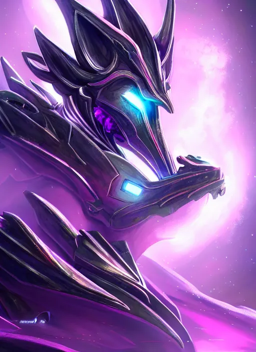 Image similar to cinematic goddess close shot, cosmic sized beautiful stunning elegant hot giant robot mecha female dragon, sharp cyborg dragon head, sharp metal ears, led glowing purple eyes, smooth fuschia skin, smooth silver armor, floating in space, epic proportions, epic scale, macro furry, furry art, dragon art, giantess art, warframe fanart, furaffinity, octane