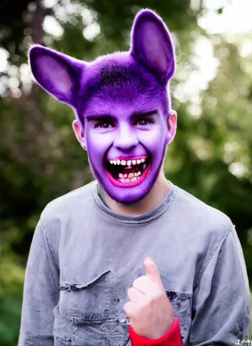 Image similar to blonde young guy with scary smile and completely purple catlike eyes