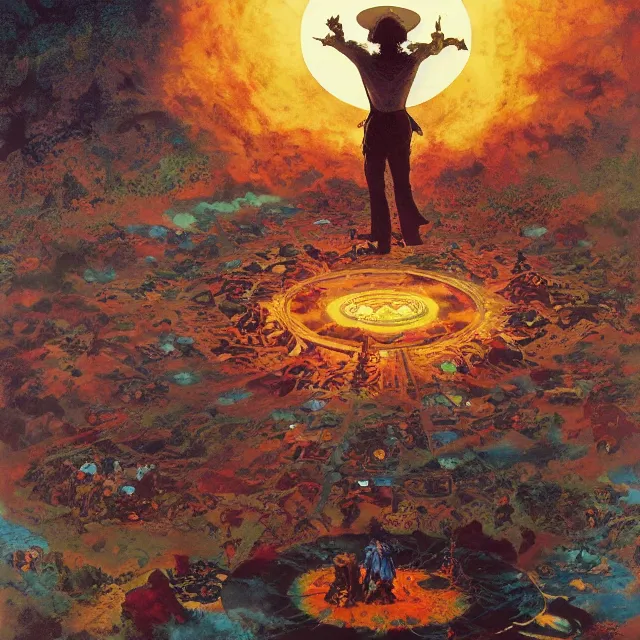 Prompt: jimi hendrix standing in a circle at the beginning of the world by greg rutkowski and frank frazetta and peter mohrbacher and william blake and dan mumford