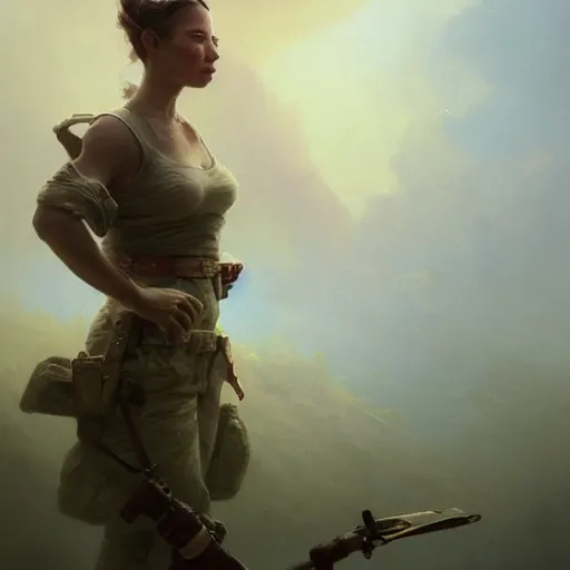 Image similar to cinematic shot epic portrait an female soldier smiling, majestic, beautiful, blush, sweaty skin, battlefield backround, broad light, ambient occlusion, volumetric light effect, made by ivan aivazovsky, peter mohrbacher, greg rutkowski, matte painting, trending on artstation, 4 k, perfectly defined features, digital painting, cinematic, epic, highly detailed,