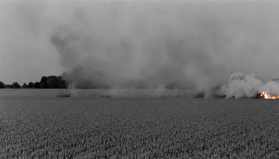 Prompt: 1 9 7 0 s movie still of a heavy burning french house in a wheat field, cinestill 8 0 0 t 3 5 mm, high quality, heavy grain, high detail, texture, dramatic light, ultra wide lens, panoramic anamorphic, hyperrealistic