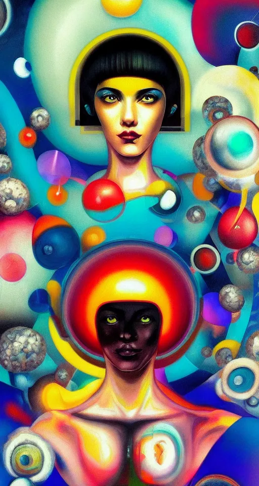 Prompt: art deco close up portait of mushroom head surrounded by spheres, like a dream digital painting cinematic dramatic fluid lines otherworldly vaporwave interesting details rule of thirds epic composition by artgerm basquiat