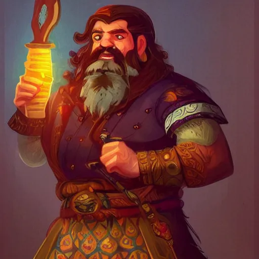 Prompt: dwarven male bard in a tavern full frame, d & d style, trending on artstation, colorful, intricate, art by kev chan