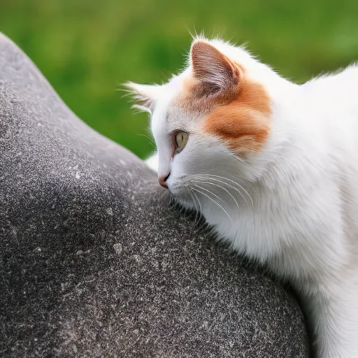 Image similar to cute cat with a dog body purring in front of a large rock, 8 k