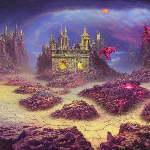 Prompt: a barren hellscape populated by demons, painted by thomas kinkade and wayne douglas barlowe