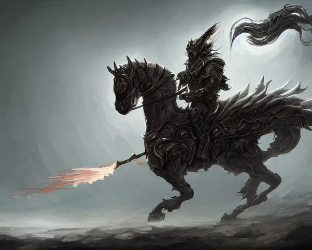 Image similar to A ghost warrior riding a giant ghost horse with armour, fantasy art, in the style of Frank Neidhardt, illustration, epic art, fantasy, intricate, elgant, amazing detail, digital painting, artstation, concept art, smooth, sharp focus