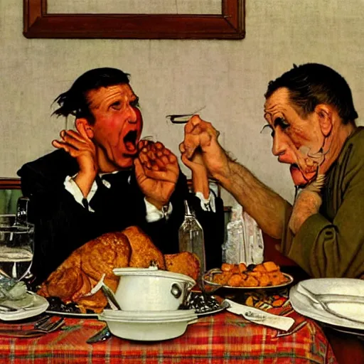 Image similar to a drunken man yelling at his brother, thanksgiving dinner, by norman rockwell