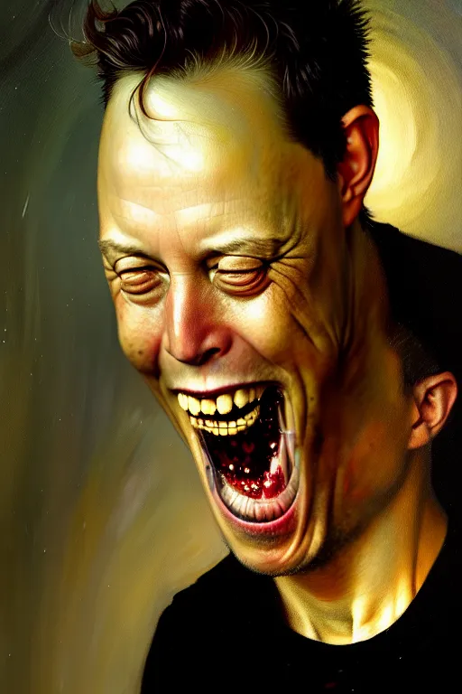 Prompt: hieronymus bosch, greg rutkowski, anna podedworna, painting of elon musk eating bitcoins, insane face, extreme close up, screaming and crying