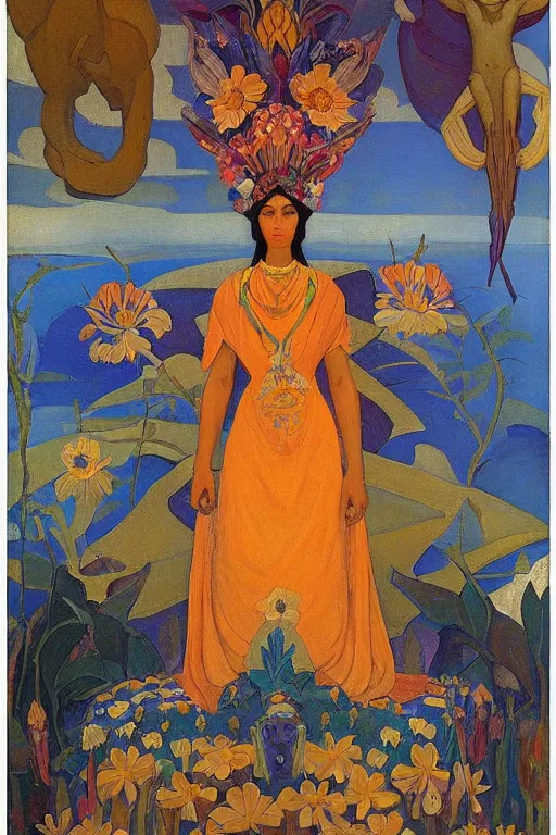 Prompt: queen of flowers, by Nicholas Roerich and Annie Swynnerton and Diego Rivera, dramatic cinematic lighting , ornate headdress , flowing robes, sacred artifacts, lost civilizations, smooth, sharp focus, extremely detailed