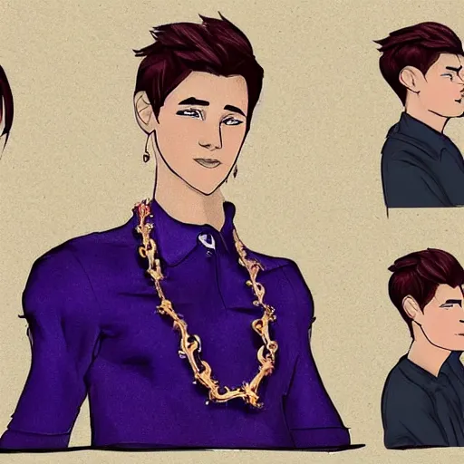 Prompt: a character model sheet of a very handsome young man wearing excessive jewelry in a stylish and cool way