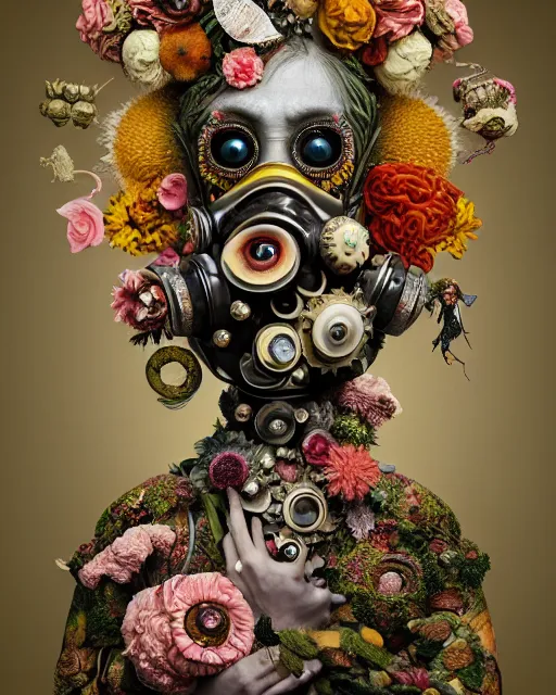 Image similar to a maximalist biomorphic portrait with with large eyes, expressive, wearing a botanical gas mask by arcimboldo, baroque, by ayami kojima, mark ryden, surrealism by dali, hauntingly surreal, statue, high fashion, focus on head, soft light, 4 k, octane high quality render